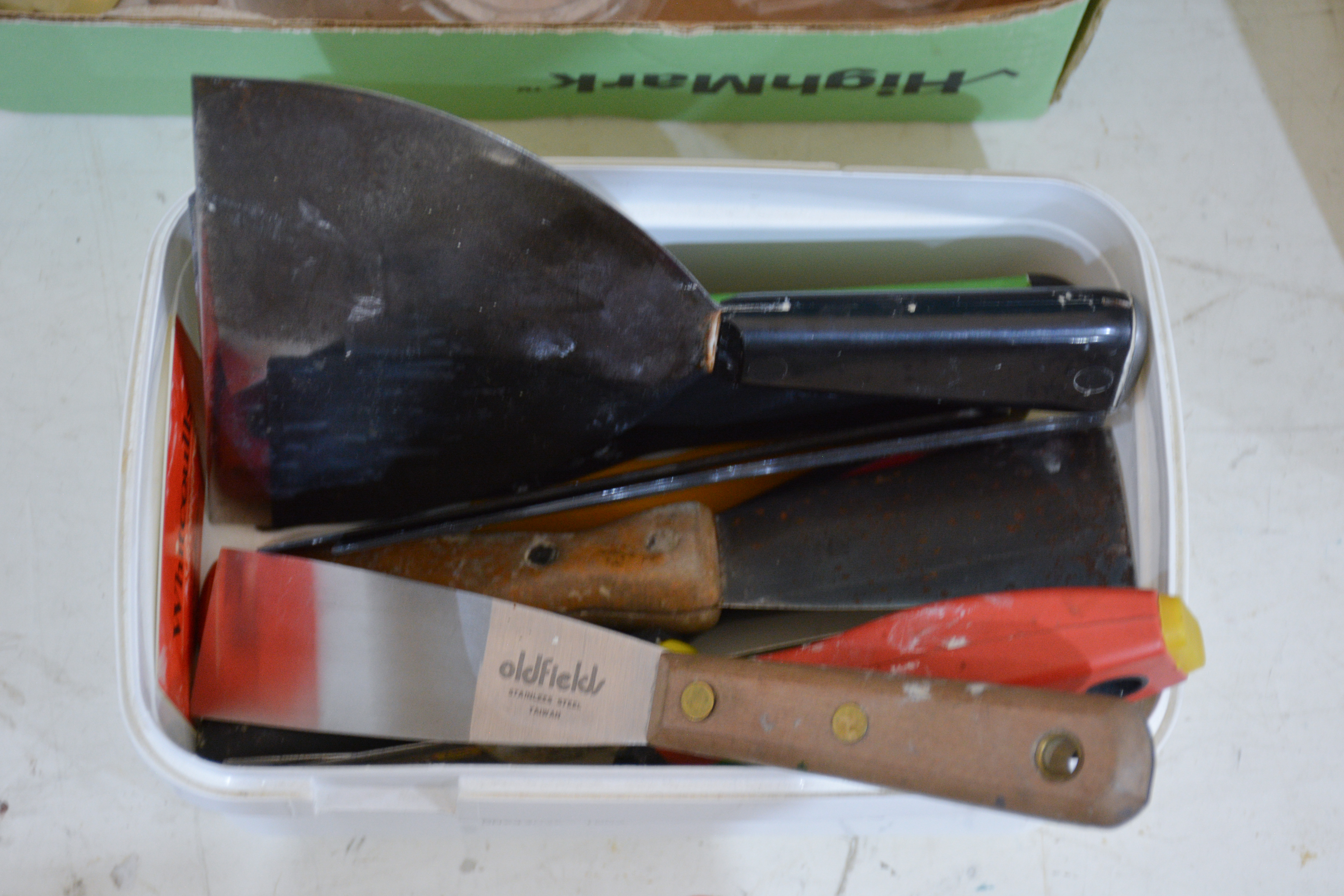 Box of Scrapers + Plaster Knives etc — sold at auction in New Zealand for $20
