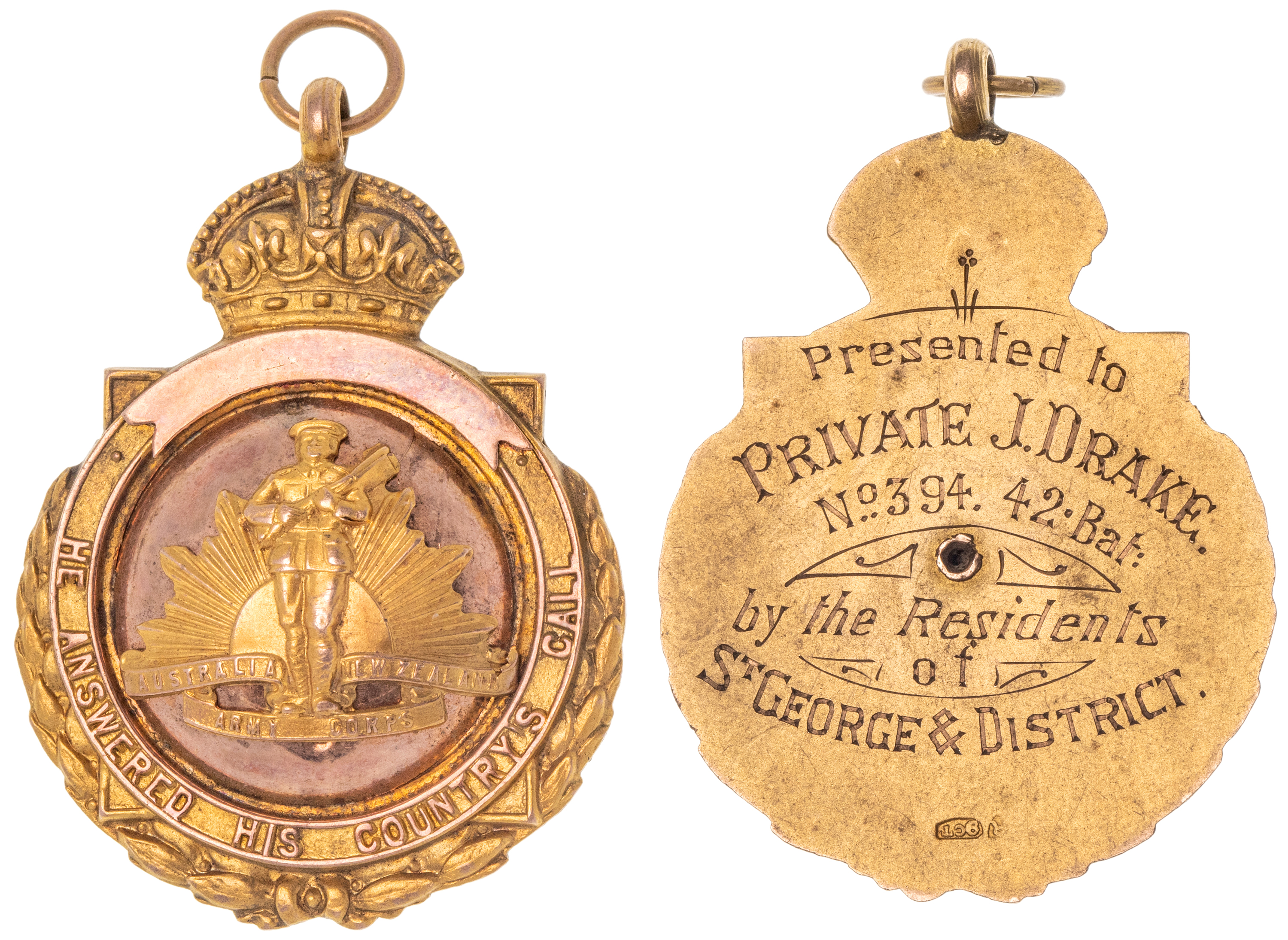 St George & District, QLD, Gold ANZAC Apreciation Medal, 1914 - 1919, VGC