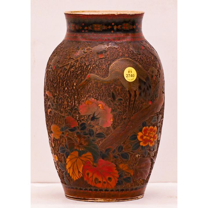 Japanese Meiji Tree Bark Cloisonne Vase- 10''