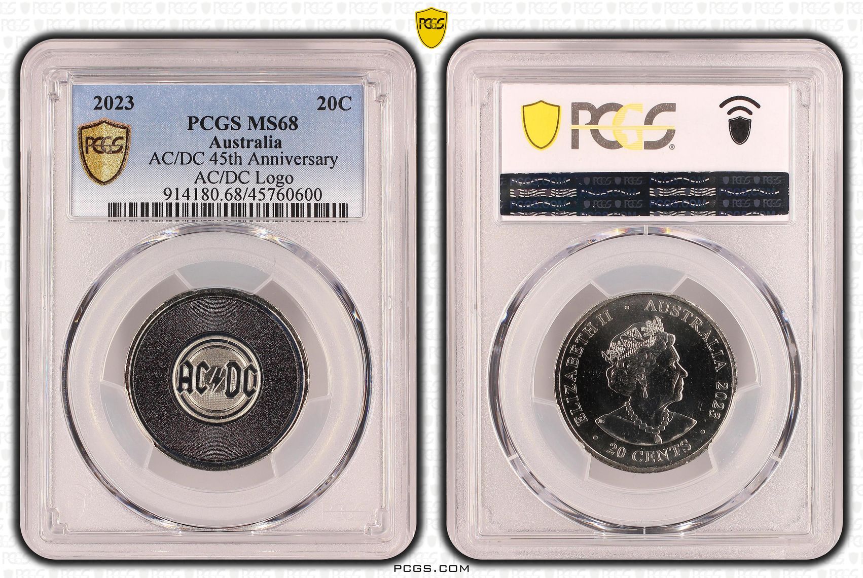 AC/DC 45th Anniversary - AC/DC Logo, Twenty Cent, 2023, PCGS MS 68