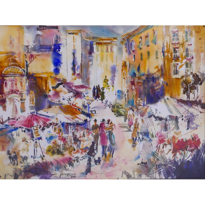 Joan E. Archer (WA) European Street Scene Watercolor Painting Dated 2008.