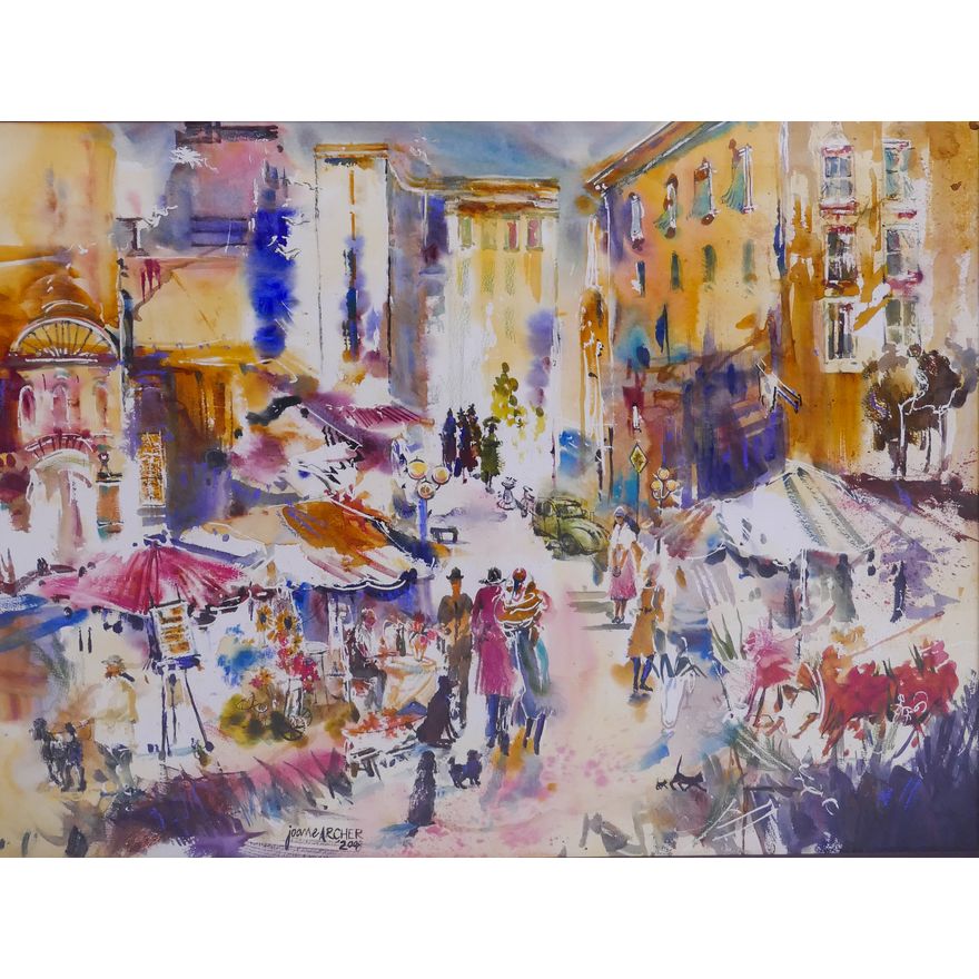 Joan E. Archer (WA) European Street Scene Watercolor Painting Dated 2008.