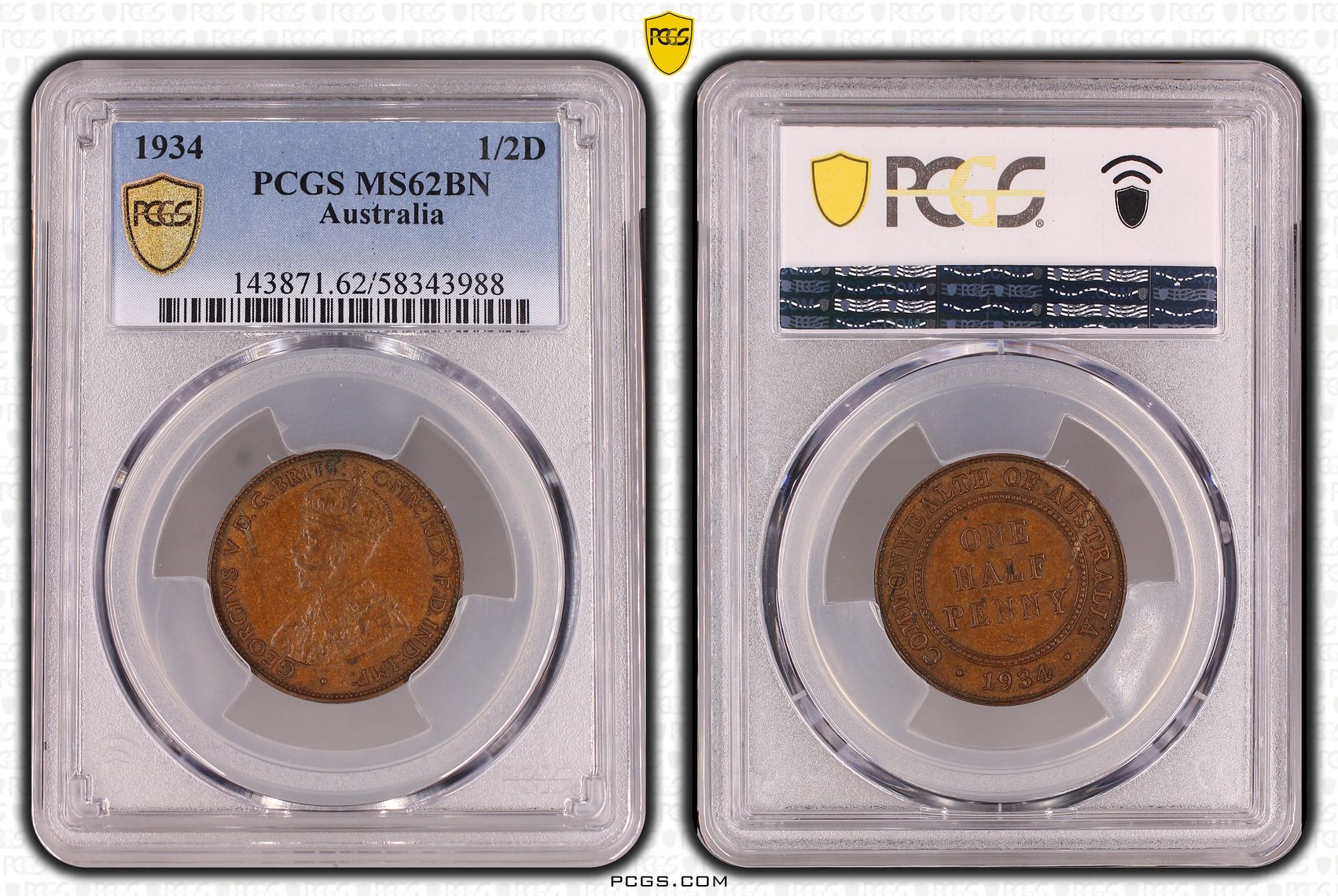 George V, Halfpenny, 1934, PCGS MS62BN