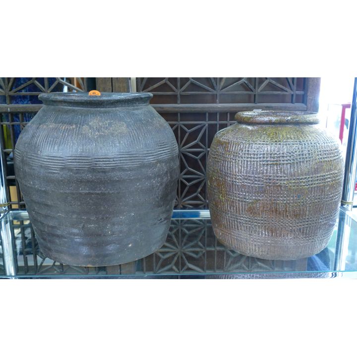 2pc Antique Chinese Textured Stoneware Olive Jars 8'' to 9''