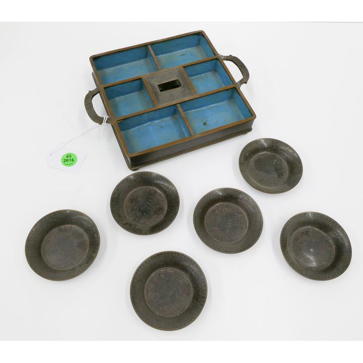 7pc Antique Cloisonne Black Smoking Set- Dishes 3'' with 8'' Server