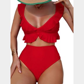 MAKEMECHIC WOMEN'S 2 PIECE BIKINI SET RUFFLE TRIM BATHING SUIT V NECK TIE BACK HIGH WAISTED SWIMSUIT XL