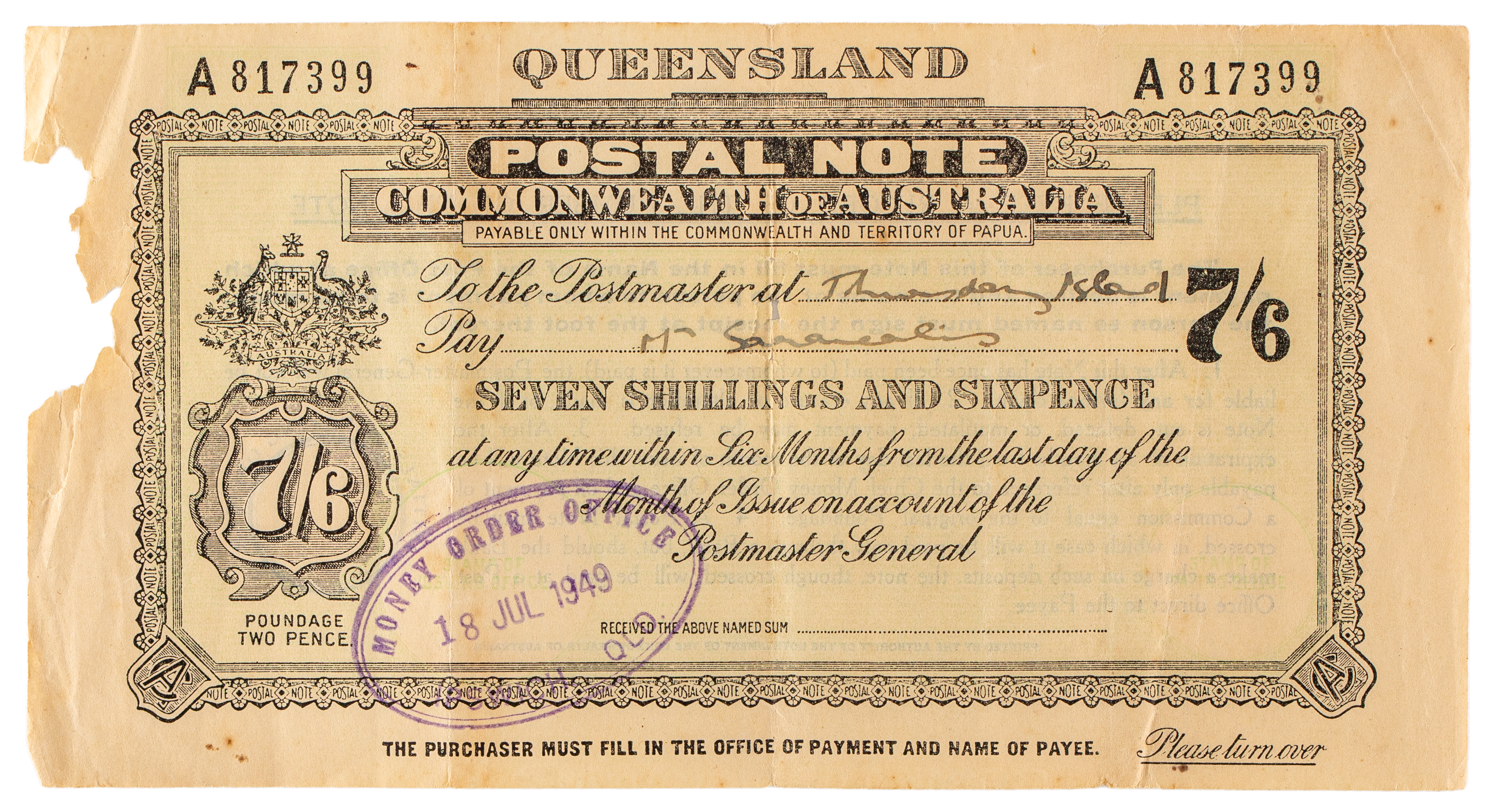 Queensland, Seven Shillings & Sixpence, 1949, aFine