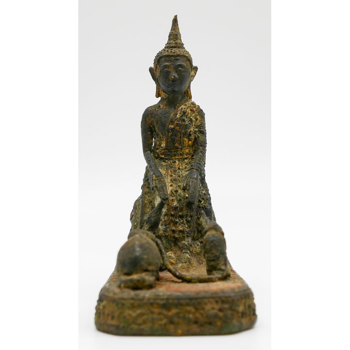 Antique Thai Bronze Buddha with Elephant and Monkey 4''x3''