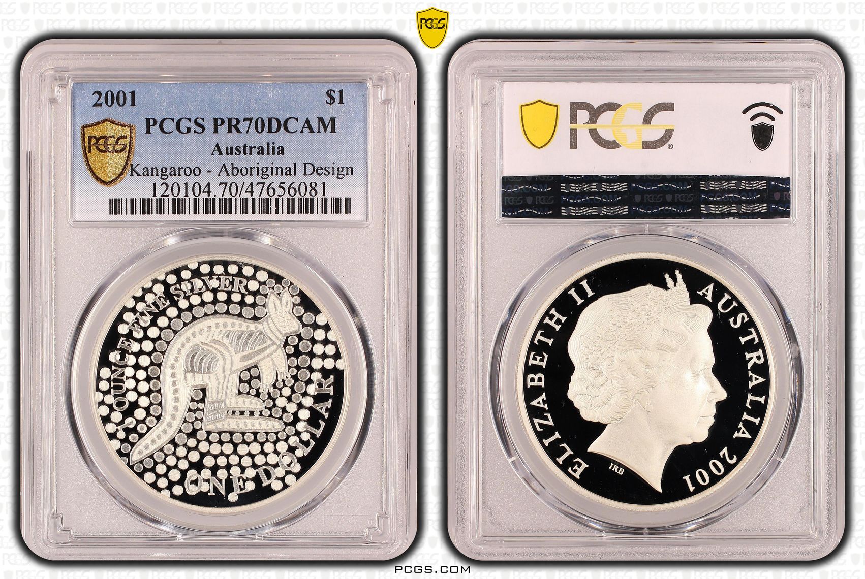 Elizabeth II, Kangaroo - Aboriginal Design, Pop 12/0, One Dollar, 2001, PCGS PR70DCAM