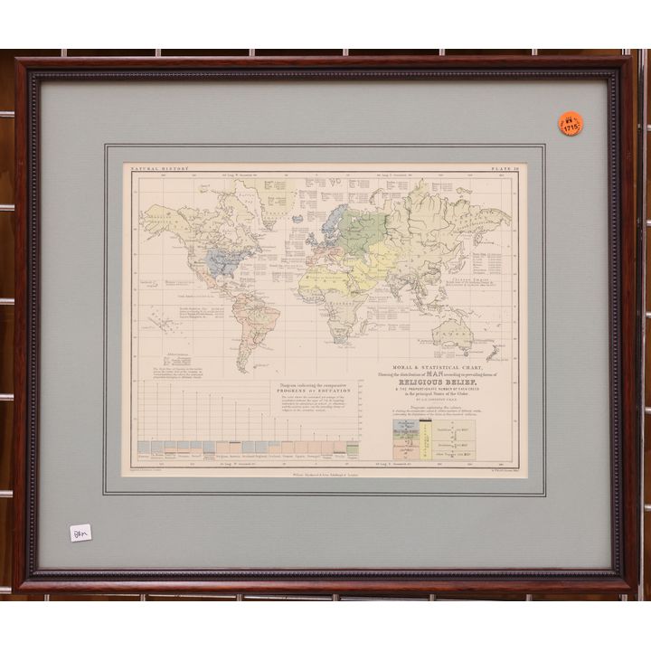 Antique Religious Beliefs World Chart Framed 17''x19''