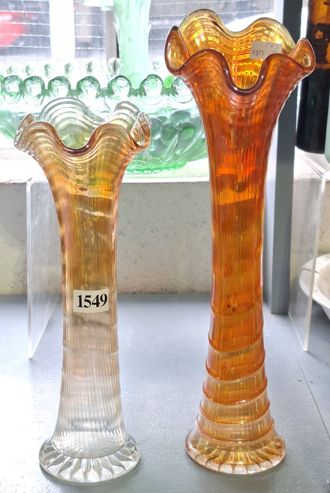 Two Marigold Carnival Glass Vases