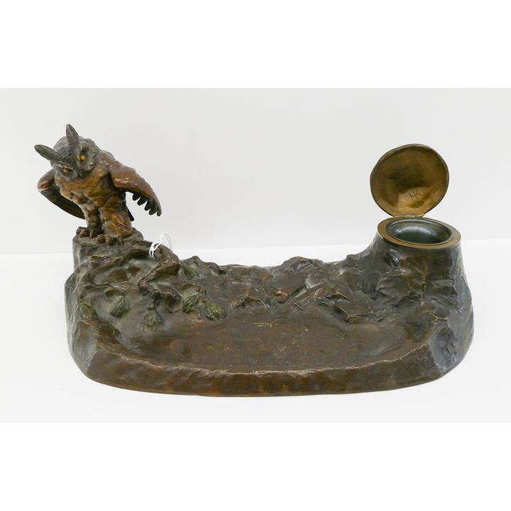 Antique Austrian Bronze Figural Owl Inkwell with Tray- 6x13''