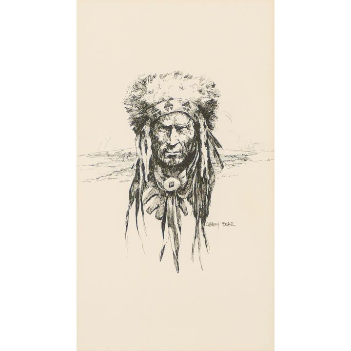 Charles Bear Indian Portrait Signed Ink on Paper Framed 20.5''x14''