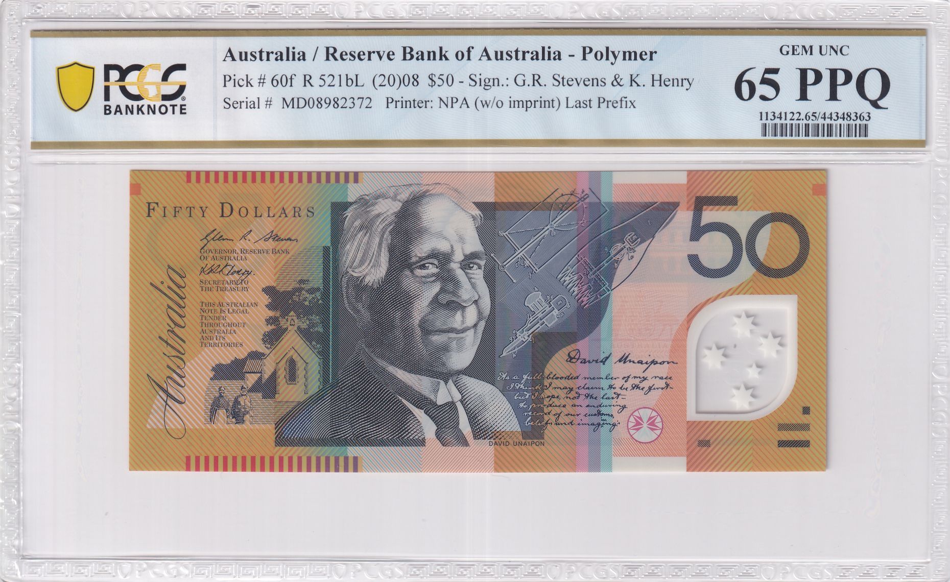 Stevens/Henry, Last Prefix, Fifty Dollar, 2008, PCGS Gem UNC 65 PPQ