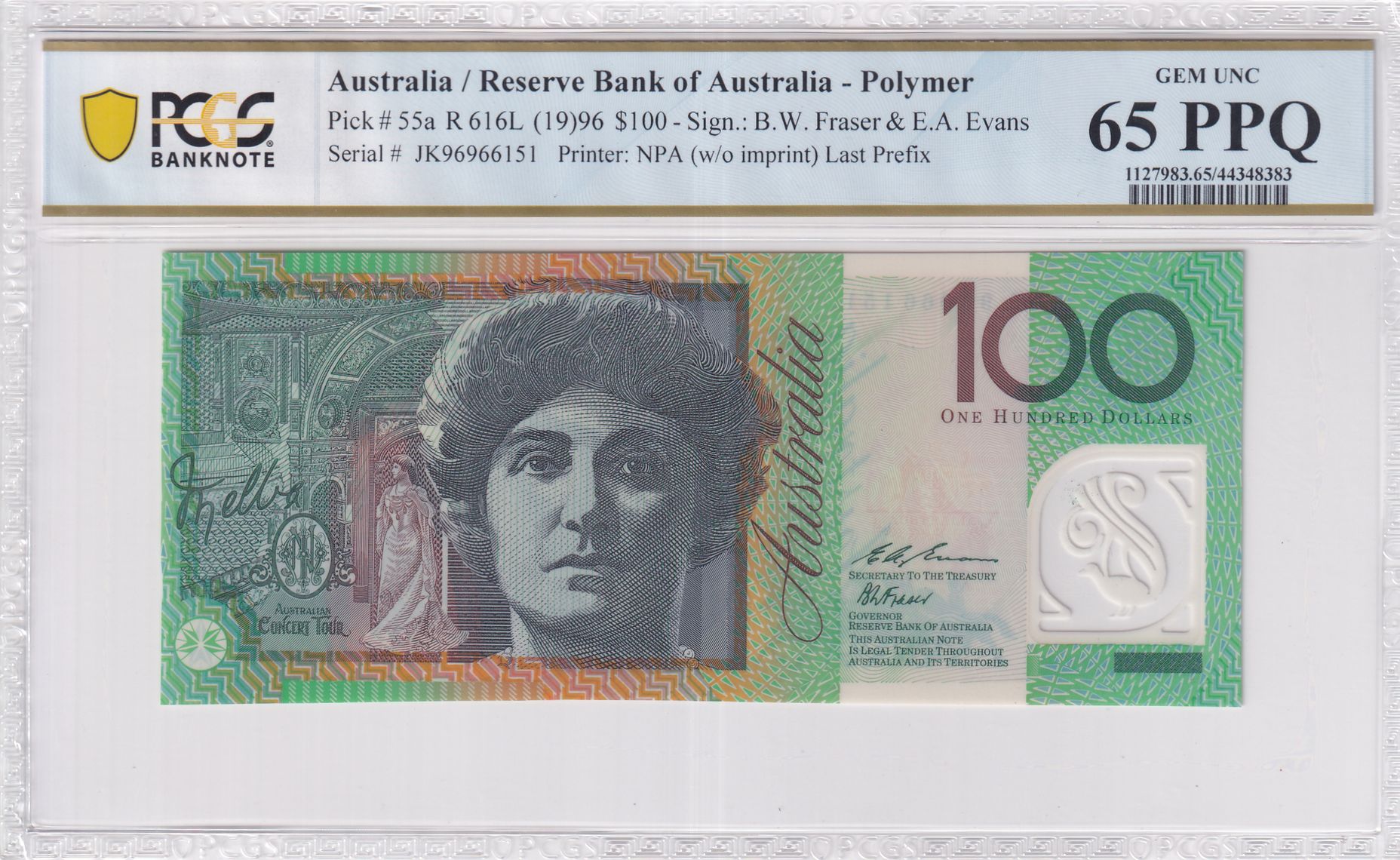 Fraser/Evans, Last Prefix, Hundred Dollar, 1996, PCGS Gem UNC 65 PPQ