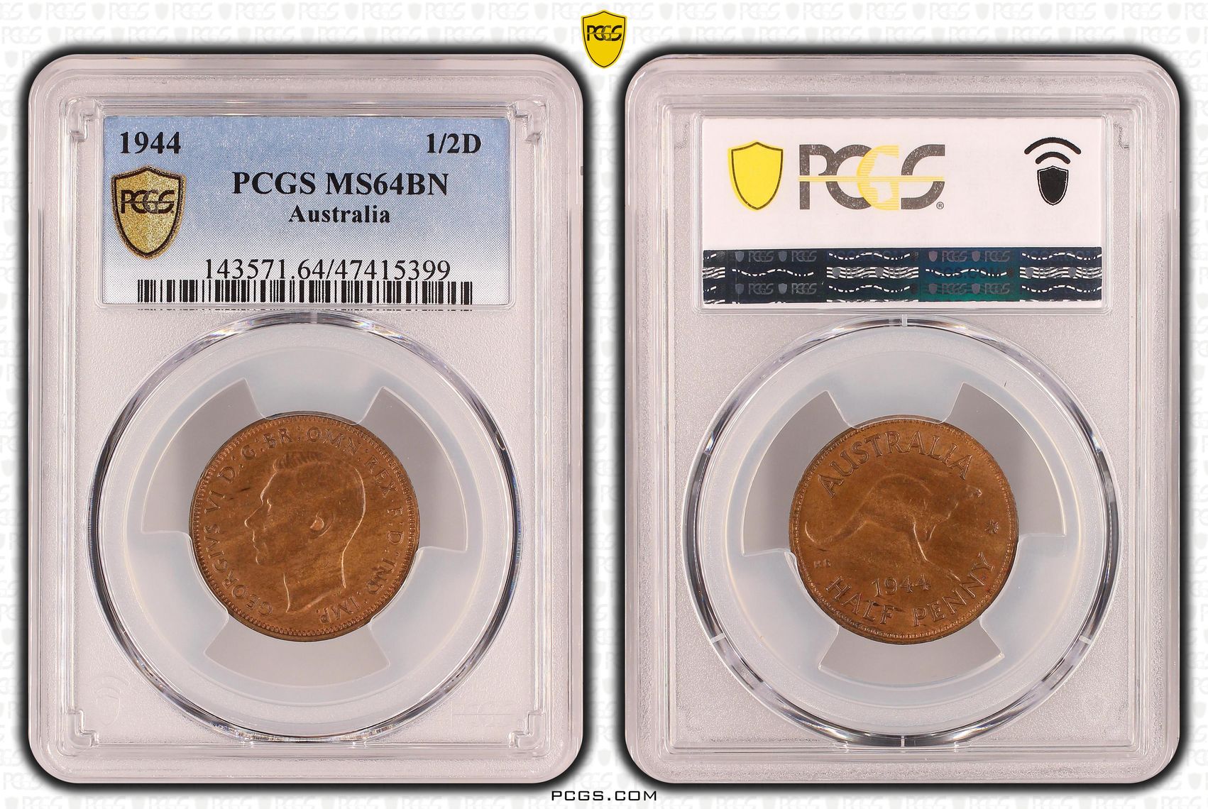 George VI, Halfpenny, 1944, PCGS MS64BN