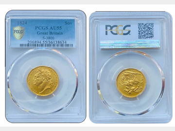 1824 GEORGE IV LAUREL HEAD GOLD SOVEREIGN PCGC AU55