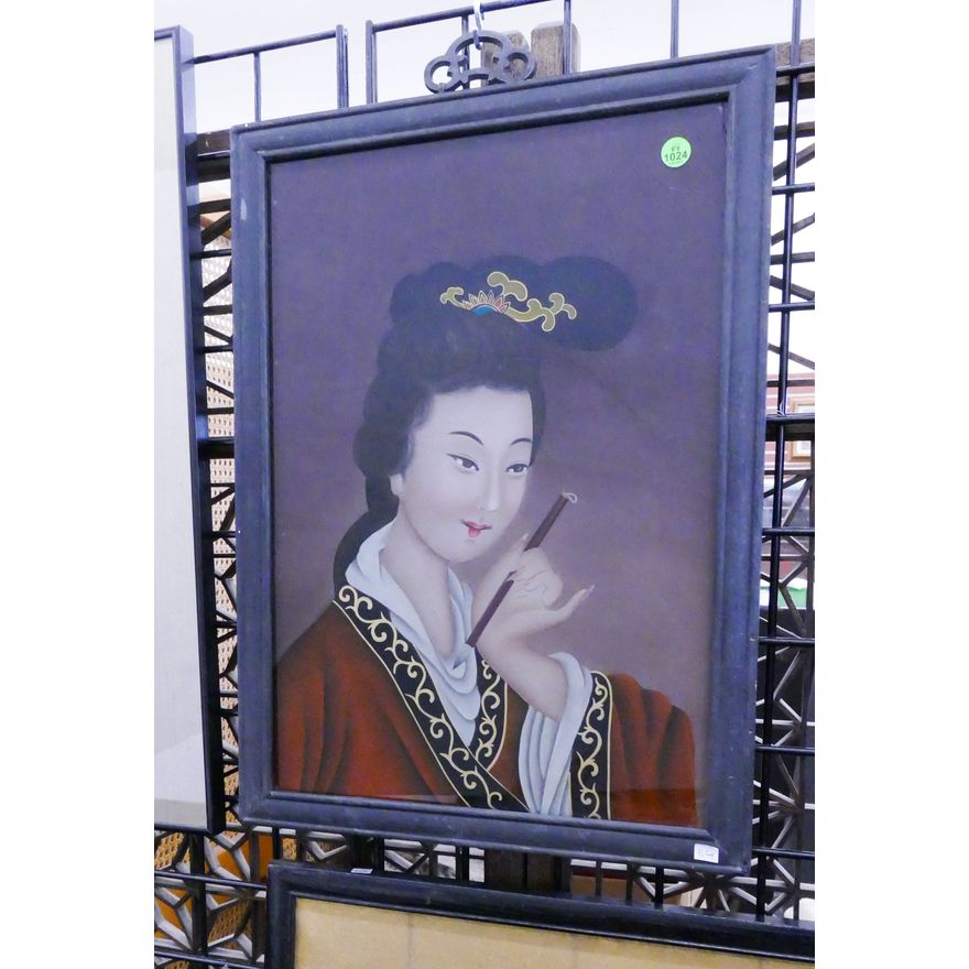 Chinese Reverse Painted Glass Panel Framed- 22x15''