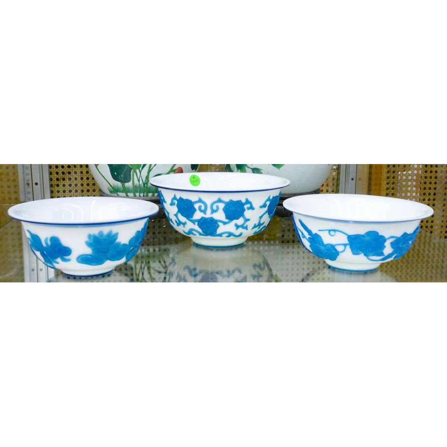 3pc Chinese Carved Blue Peking Glass Bowls 7'' to 8'' Diameter