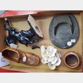 Broken VanBriggle Horse, Brownware, leather horseshoe