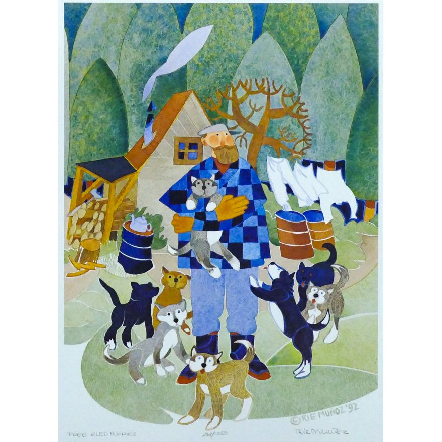 Rie Munoz ''Free Sled Puppies'' 1992 Signed Print