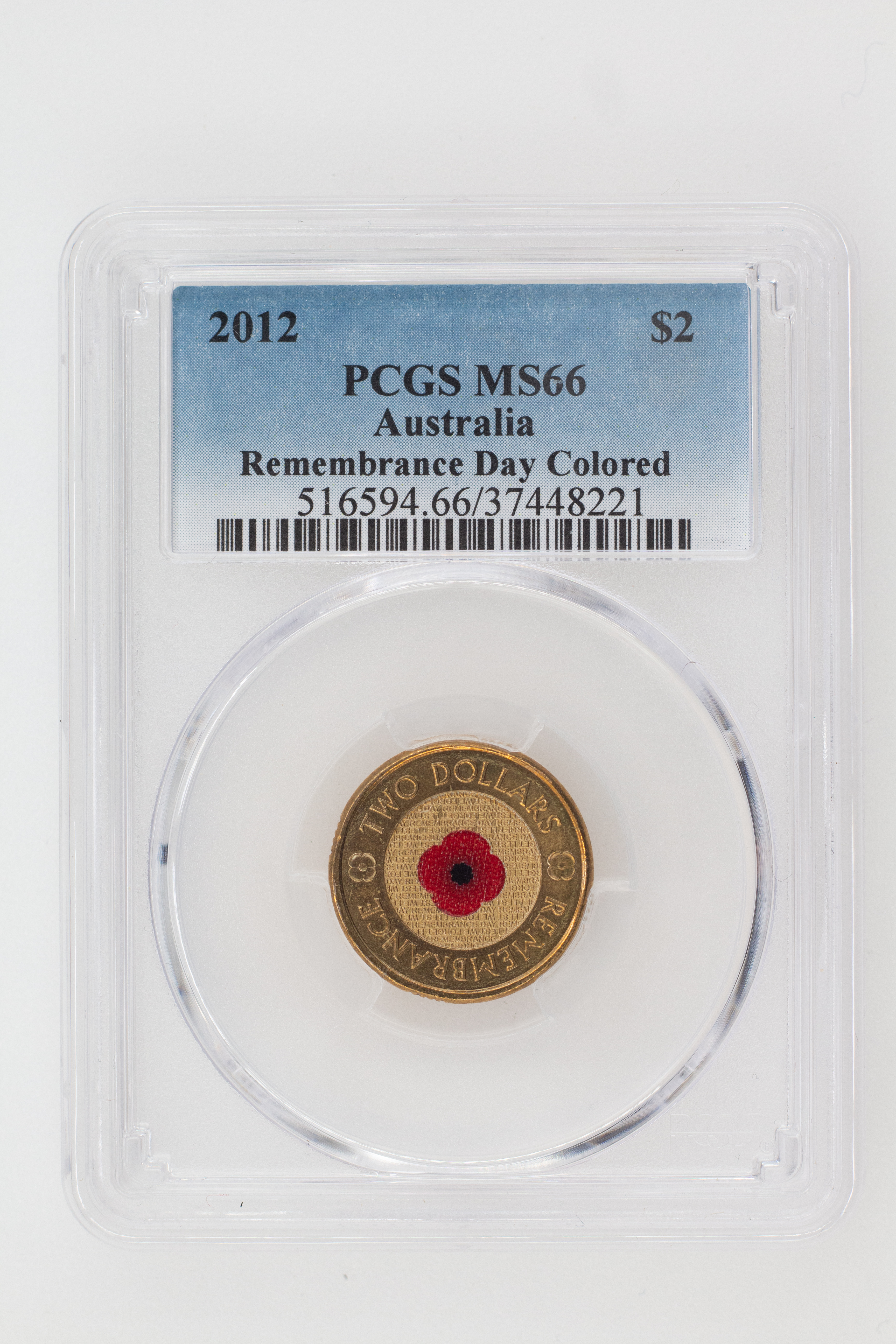 2012 Australia Two Dollar, $2 Remembrance Day Colored PCGS - MS66 -221