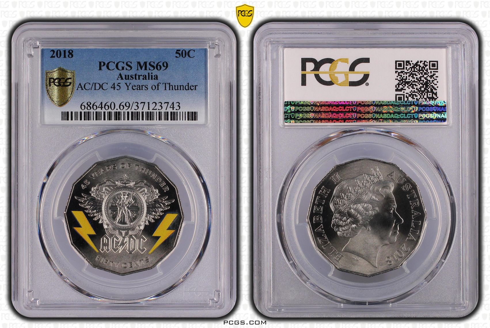 200 · Elizabeth II, AC/DC 45 Years of Thunder , Fifty Cent, 2018, PCGS MS69