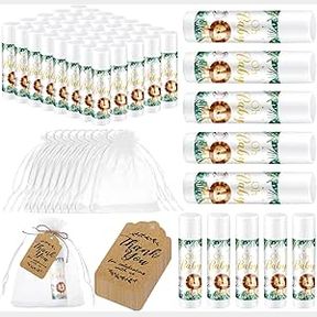 Loopeer 50 Sets Baby Shower Favors Lip Balm with Organza Gift Bags, Thank Card Tags, Gender Reveal Party Supplies (Animal)