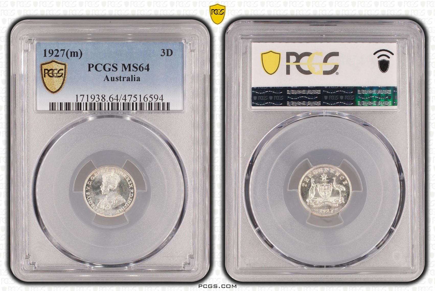 Threepence, 1927(m), PCGS MS 64