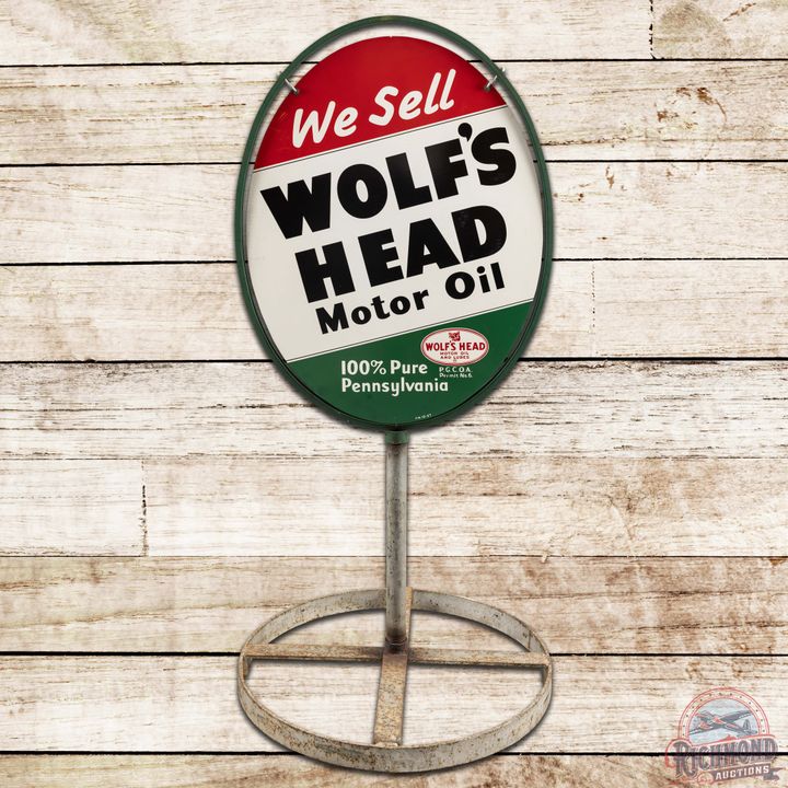 1957 We Sell Wolf's Head Motor Oil DST Curb Sign w/ Base
