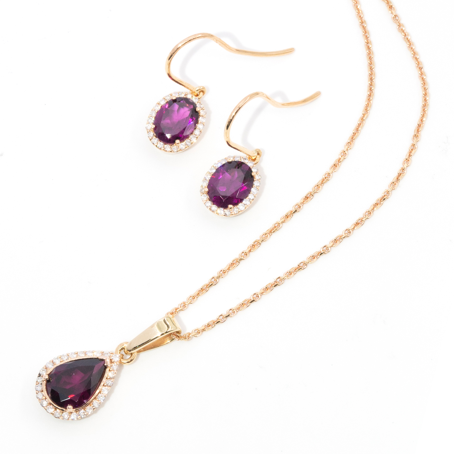 18ct Rose Gold Garnet and Diamond Pendant and Earrings