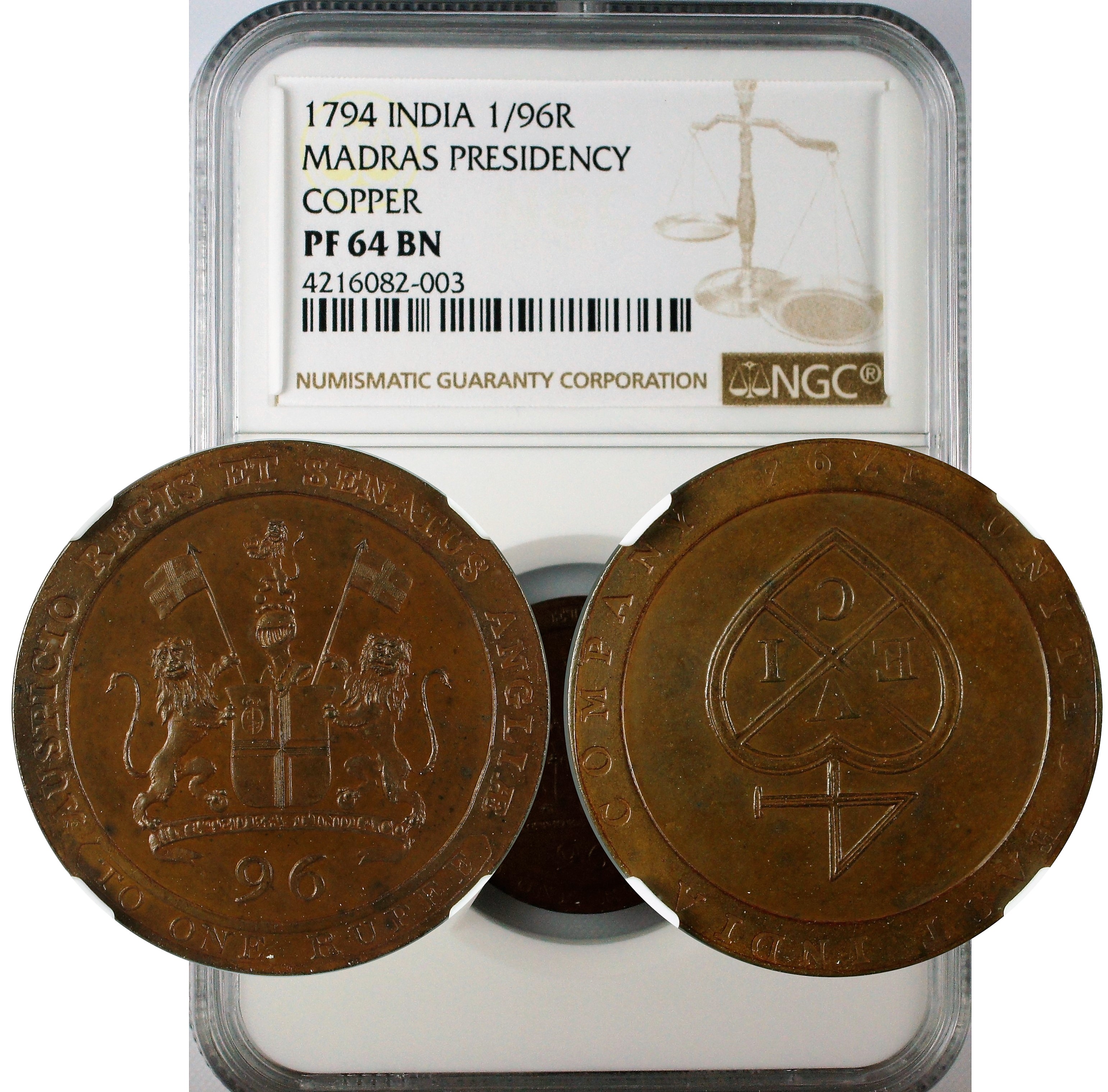 India Madras Presidency 1/96 Rupee Copper Proof NGC PF64 BN