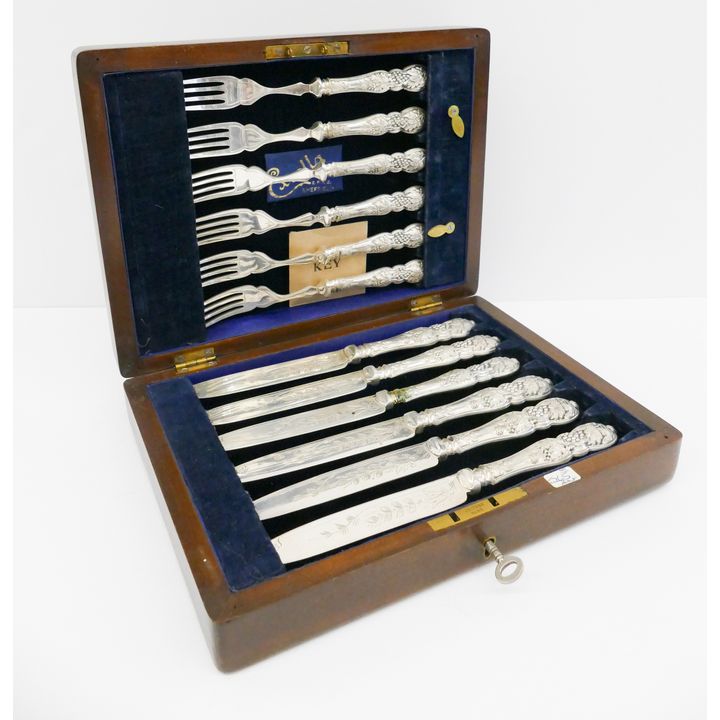 Antique English Silverplated Fruit Set with Wood Case- 7x10''