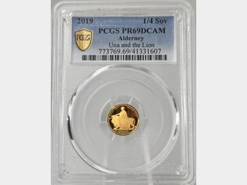 2019 ALDERNEY UNA & THE LION PROOF GOLD QUARTER SOVEREIGN PCGS PR69 DCAM