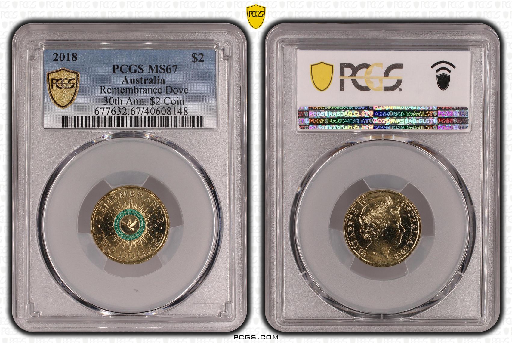 Remembrance Dove Colourised 30th Ann. $2 Coin, Two Dollar, 2018, PCGS MS67