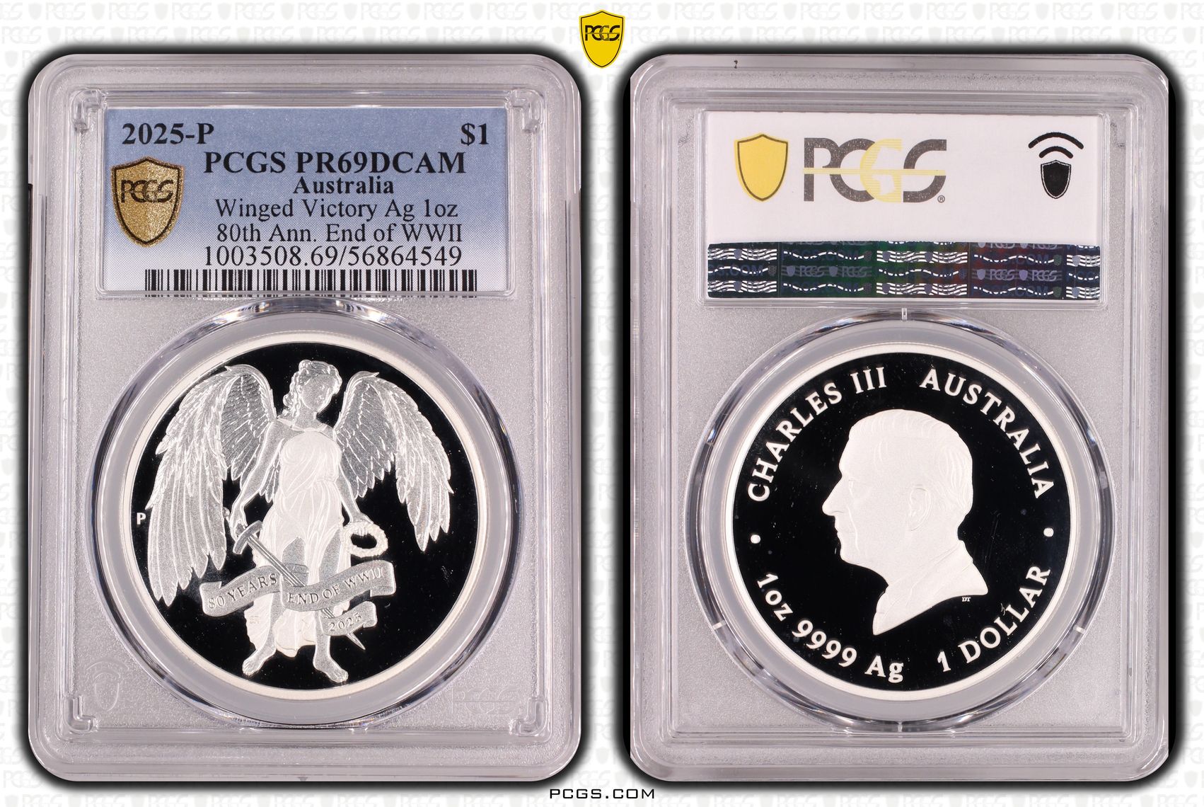 Winged Victory Silver 1oz 80th Ann. End of WWII, 2/0, One Dollar, 2025-P, PR69DCAM