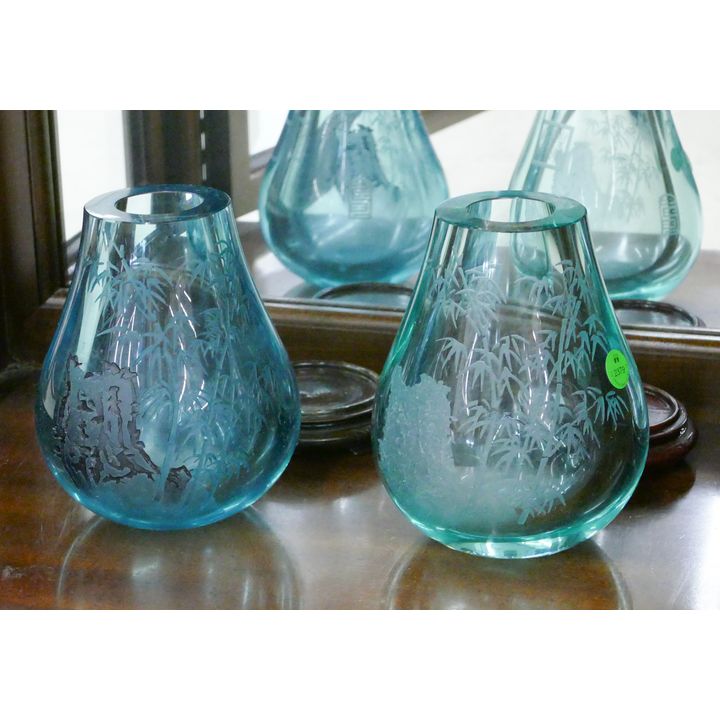 2pc Chinese Acid Etched Glass Paperweight Vases 7''