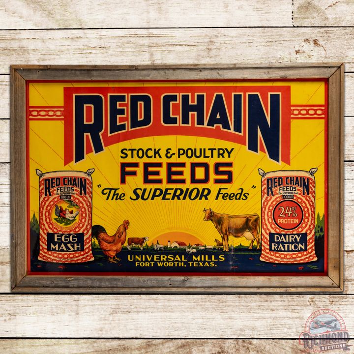 Red Chain Stock & Poultry Feeds Sign w/ Farm Scene Fort Worth Texas