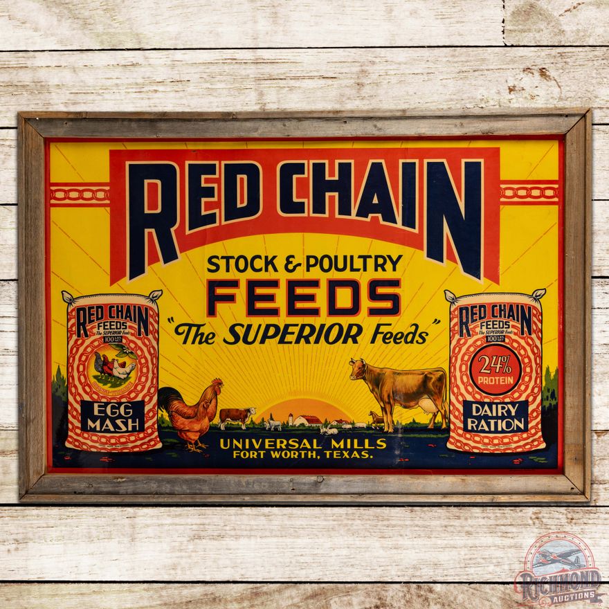 Red Chain Stock & Poultry Feeds Sign w/ Farm Scene Fort Worth Texas