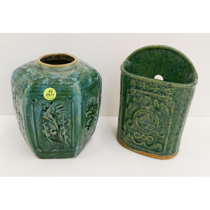 2pc Old Chinese Green Pottery Jar & Chopstick Holder- approx 7''