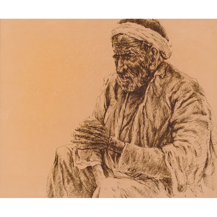 Modern Seated Man Ink Drawing Framed- 25x27''
