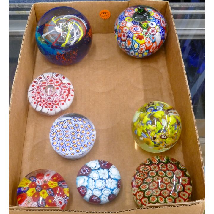 Box 8pc Millefiori Glass Paperweights