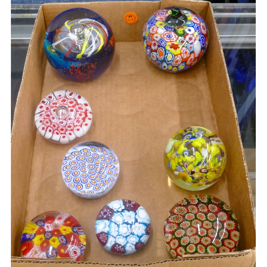 Box 8pc Millefiori Glass Paperweights