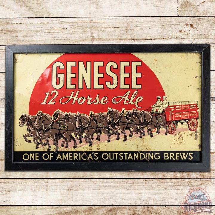 Genesee 12 Horse Ale "One of America's Outstanding Brews" 5' SS Tin Sign w/ Horses & Wagon