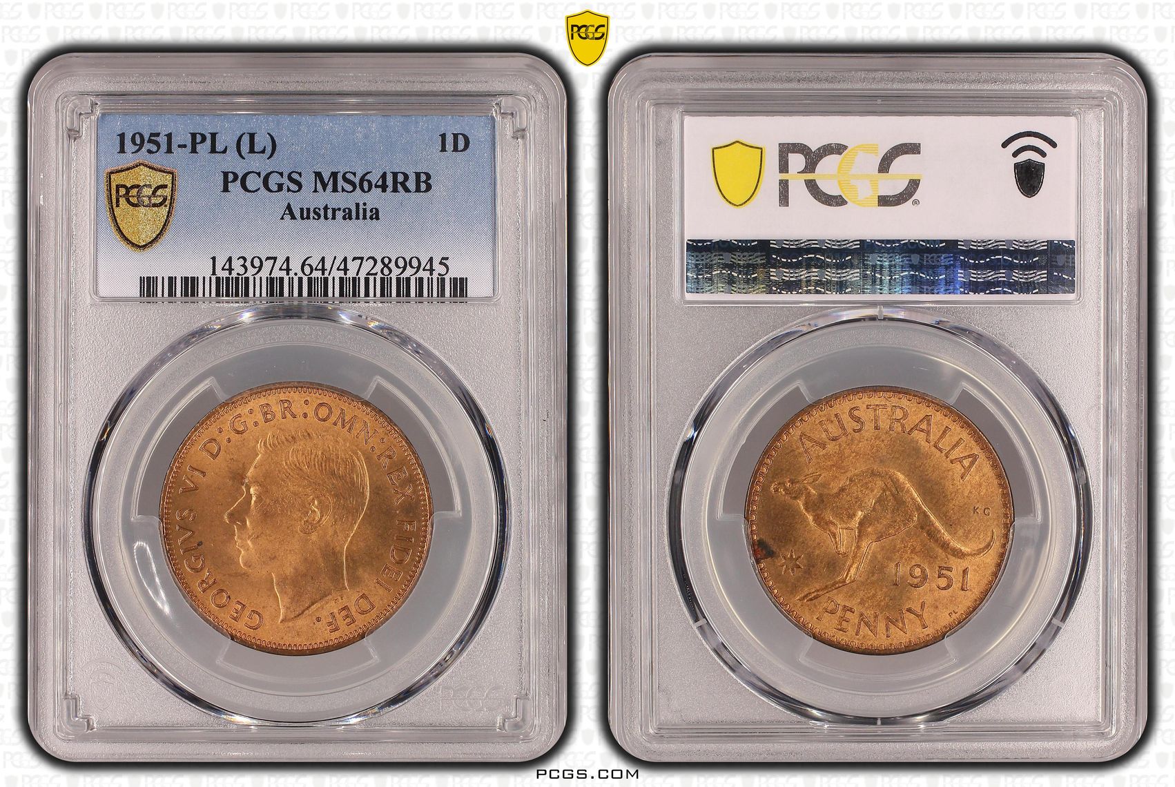 George VI, Penny, 1951-PL, PCGS MS64RB