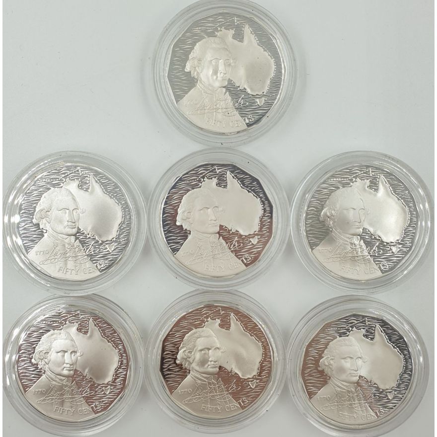 Silver Capt. Cook 50c Coins (x7)
