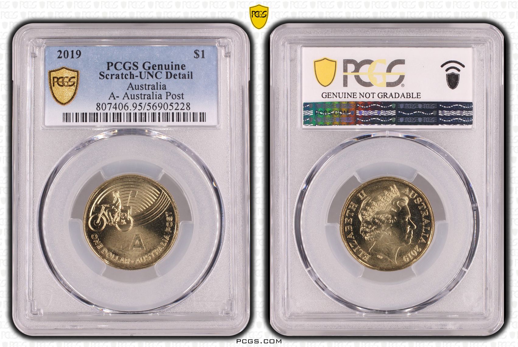A- Australia Post Great Aussie Coin Hunt, One Dollar, 2019, PCGS Genuine - UNC Details (95 - Scratch)
