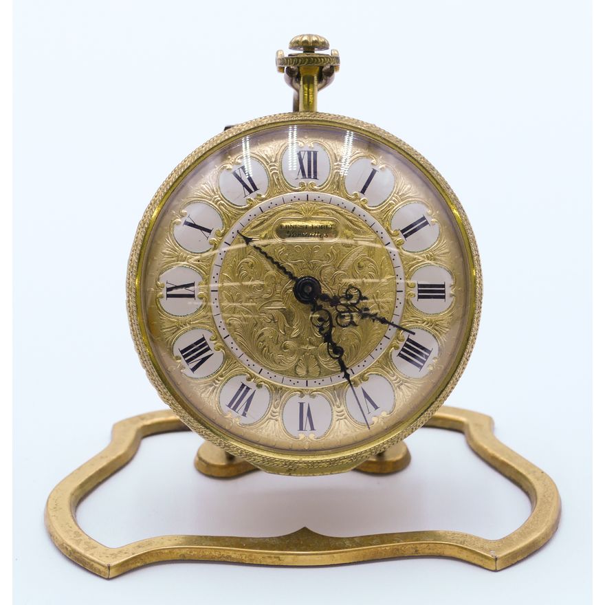 Ernest Borel Ornate Brass Travel Clock on Stand 3.5''