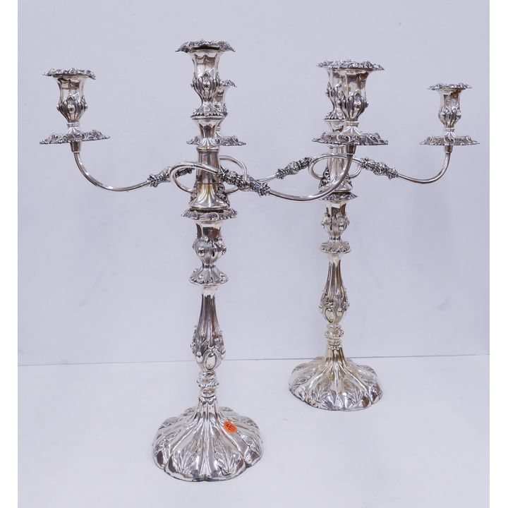 Pair Antique Sheffield Plate Triple Candelabras- 21x18''