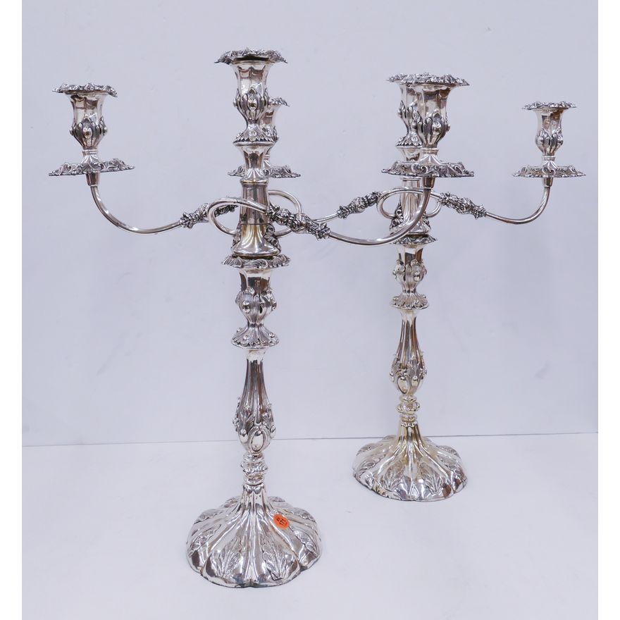 Pair Antique Sheffield Plate Triple Candelabras- 21x18''
